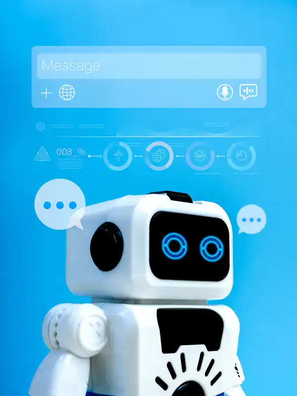 AI bot online communication chatbot service Artificial intelligence searching assistant technology concept Smart cute robot with conversation symbol and performance chart graph on blue background
