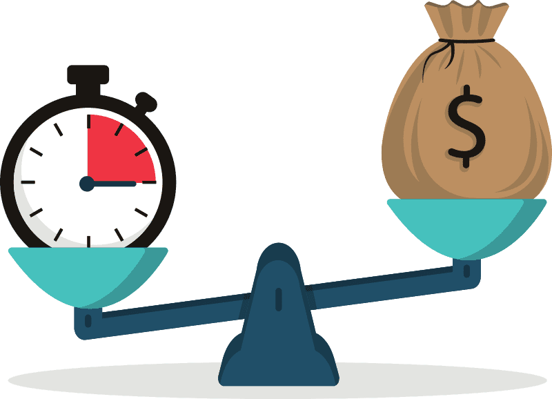 Time is money. Clock and money concept on the scales in a flat style. Stopwatch and money bag.